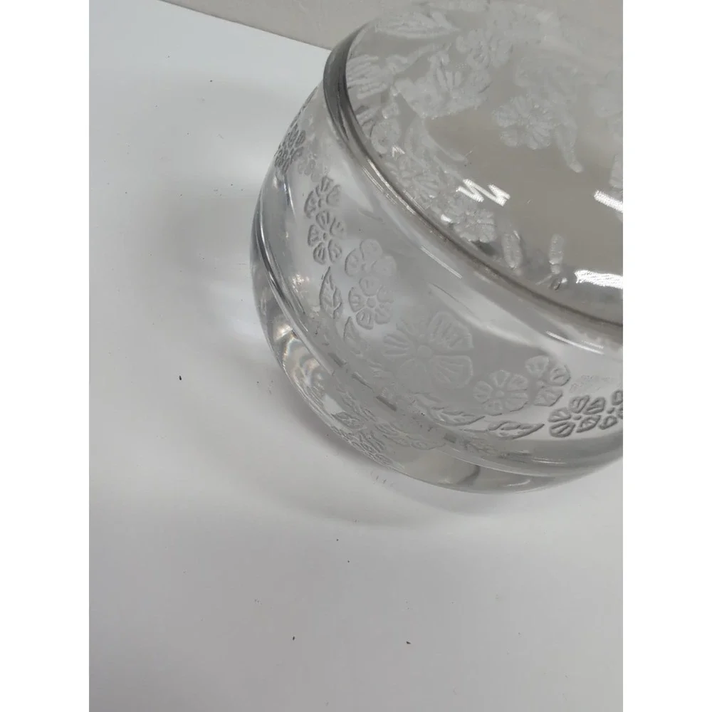 Antique Cut‎ Glass Powder Jar With Lid Etched Flowers Heavy Piece